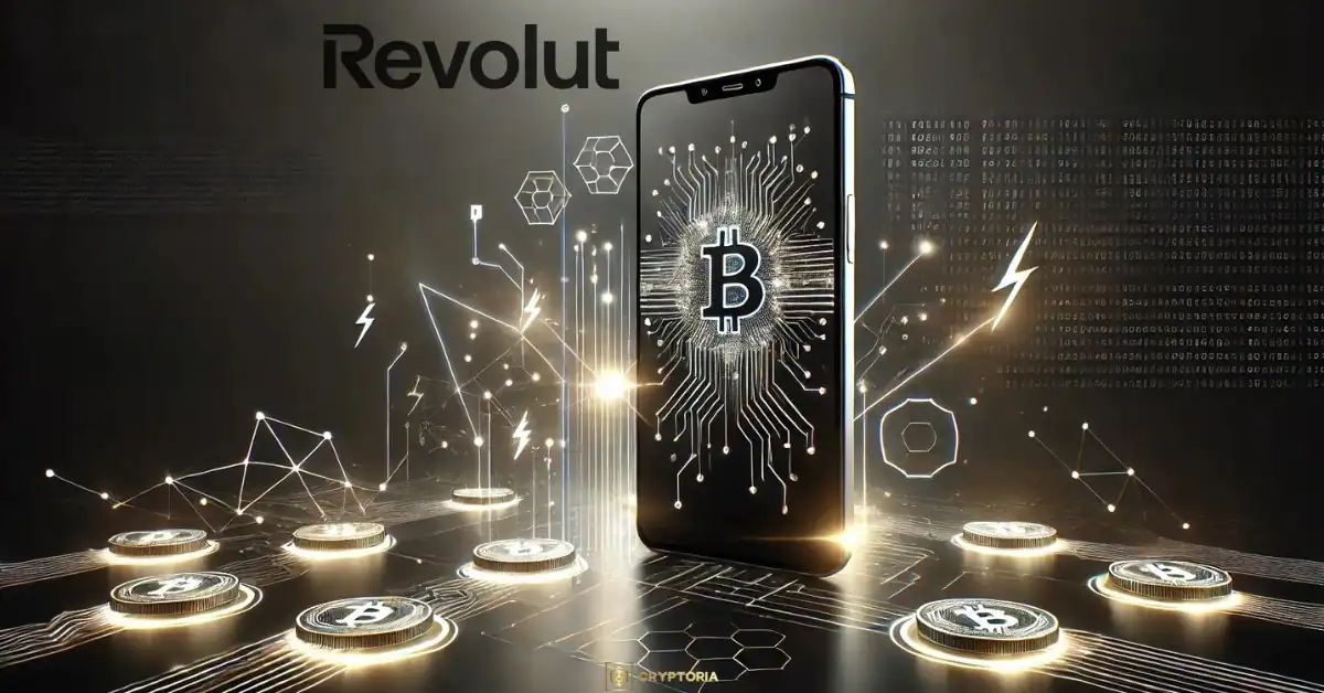 Revolut Внедрява Биткойн Lightning Network в Европа IMG Смартфон с логото на Revolut и биткойн символ, илюстриращ интеграция на Lightning Network за бързи плащания.