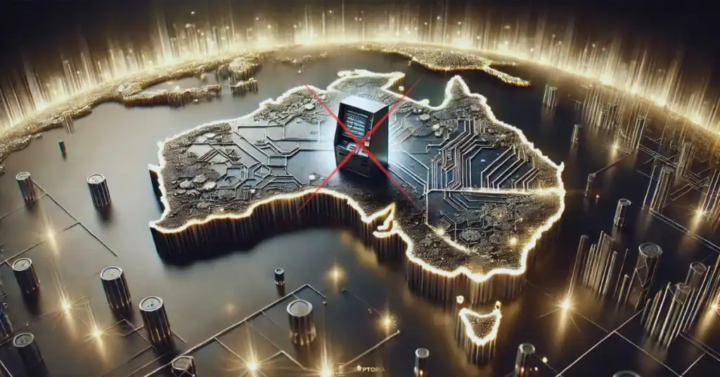 Илюстрация на Австралия с цифрова карта и блокчейн елементи, върху която е поставен забранителен знак върху крипто ATM устройство.