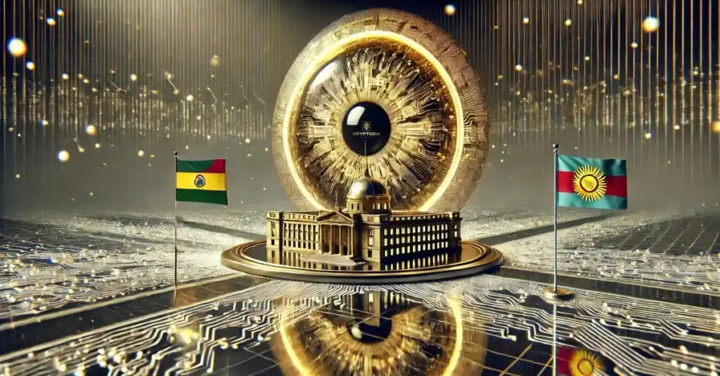 Сграда на държавна институция пред дигитален златен пръстен, с флаговете на Боливия и Киргизстан, символизиращи навлизане в дигиталната финансова ера.