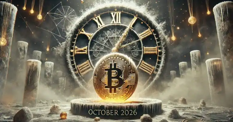 Биткойн монета пред замръзнал часовник с надпис „October 2026“, символизираща отлагане на изплащанията по случая Mt. Gox.