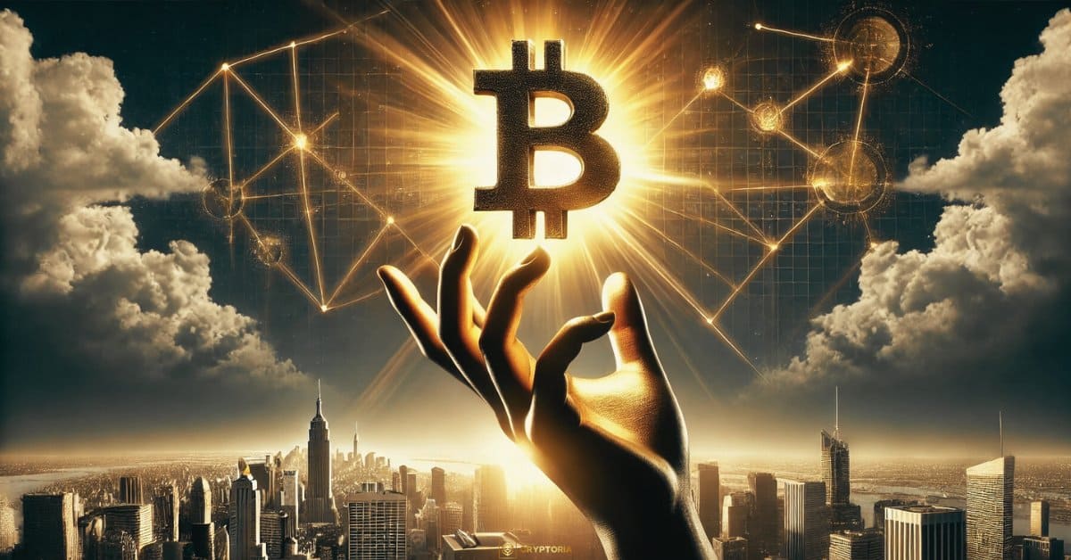 Над 170 Компании Вече Държат Биткойн Стилизирана ръка държи светещ символ на Bitcoin над градски пейзаж, с мрежови линии и възли на заден план.