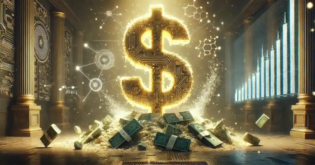 Златен символ на щатския долар, изграден от дигитални елементи, издигащ се над купчина банкноти в институционална зала с графики и финансови диаграми на заден план.