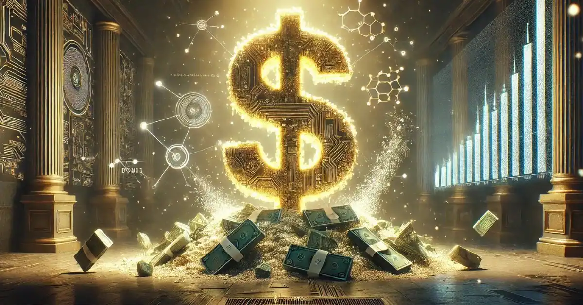 Златен символ на щатския долар, изграден от дигитални елементи, издигащ се над купчина банкноти в институционална зала с графики и финансови диаграми на заден план.