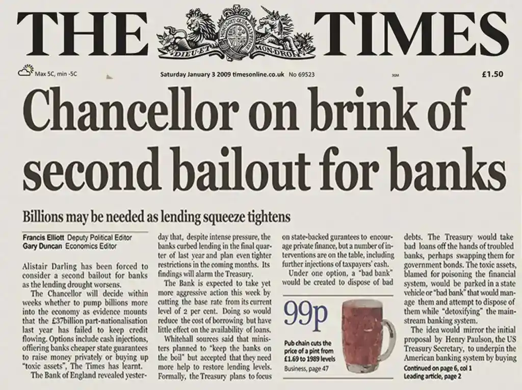 Първа страница на вестник The Times от 3 януари 2009 г. със заглавие „Chancellor on brink of second bailout for banks“, отразяваща банковата криза и държавните спасителни мерки.