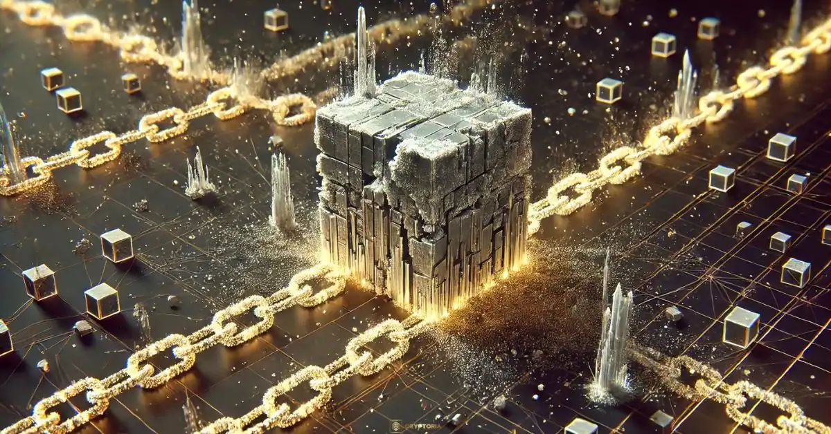 16 Блокчейна Могат Да Замразяват Средства Блокчейн блок, обвит в златни вериги, символизиращ замразяване на средства в мрежата.