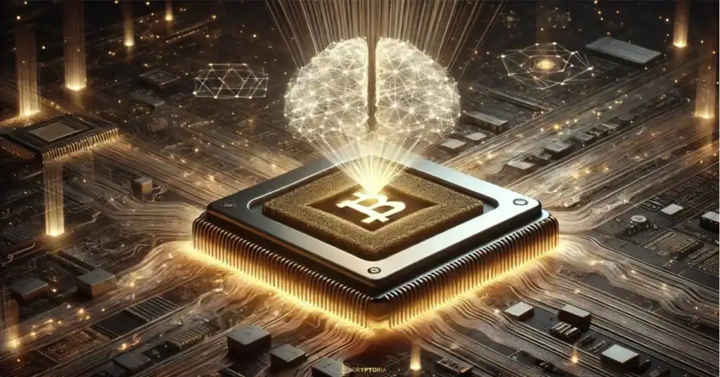 Илюстрация на биткойн чип, от който се издига дигитален мозък, символизиращ навлизането на изкуствения интелект в биткойн майнинга.