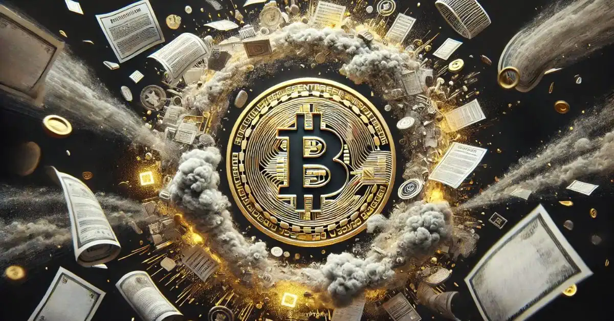 Биткойн НЕ Може да Бъде Спрян с Регулации Златен биткойн в центъра, заобиколен от документи и частици, символизиращ устойчивостта на BTC срещу регулации.
