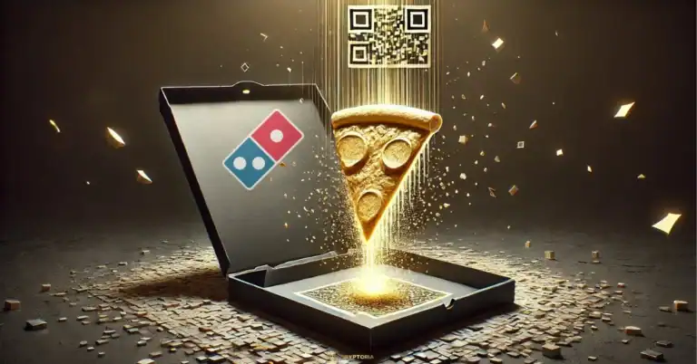 Кутия за пица с логото на Domino’s, от която се издига златисто парче пица като дигитален актив, със символи за крипто плащане и QR код над него