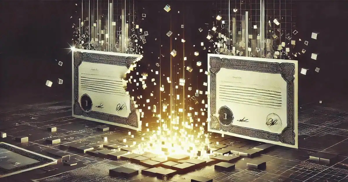 Robinhood Въвежда Модел за Токенизирани Акции в Европа Дигитална илюстрация на разделен финансов сертификат, символизиращ токенизация на акции и прехвърляне към блокчейн.