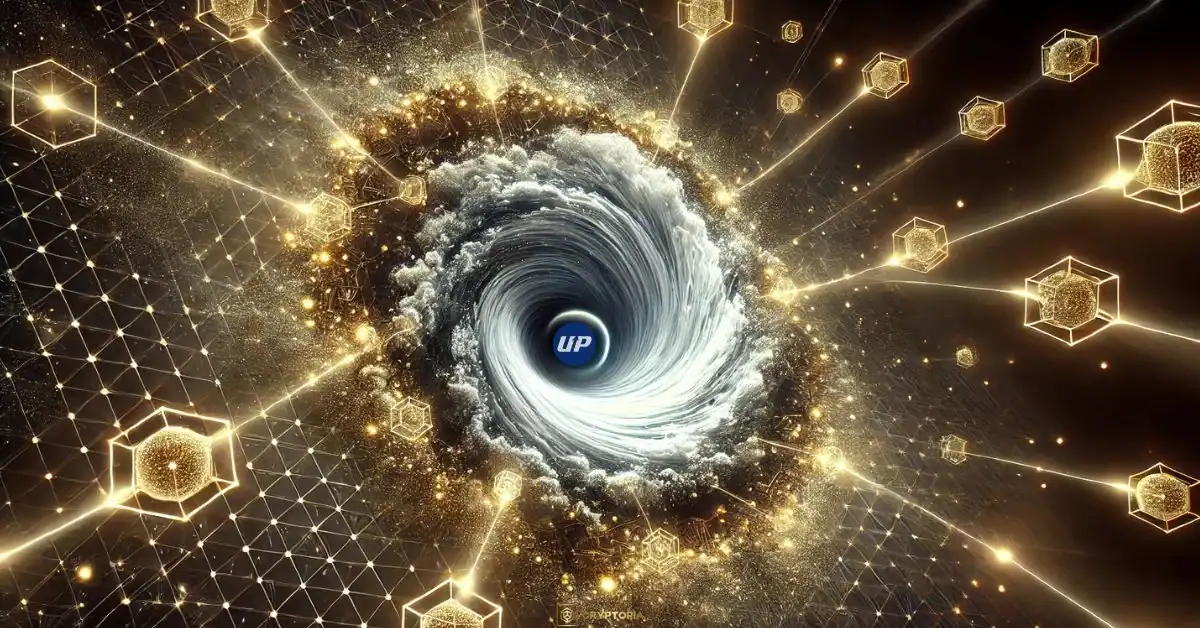 Upbit Хакнат за $36М в Момент на Корпоративна Сделка Дигитална илюстрация на вихър с логото на Upbit в центъра, символизираща мащабен хак и изтичане на средства.