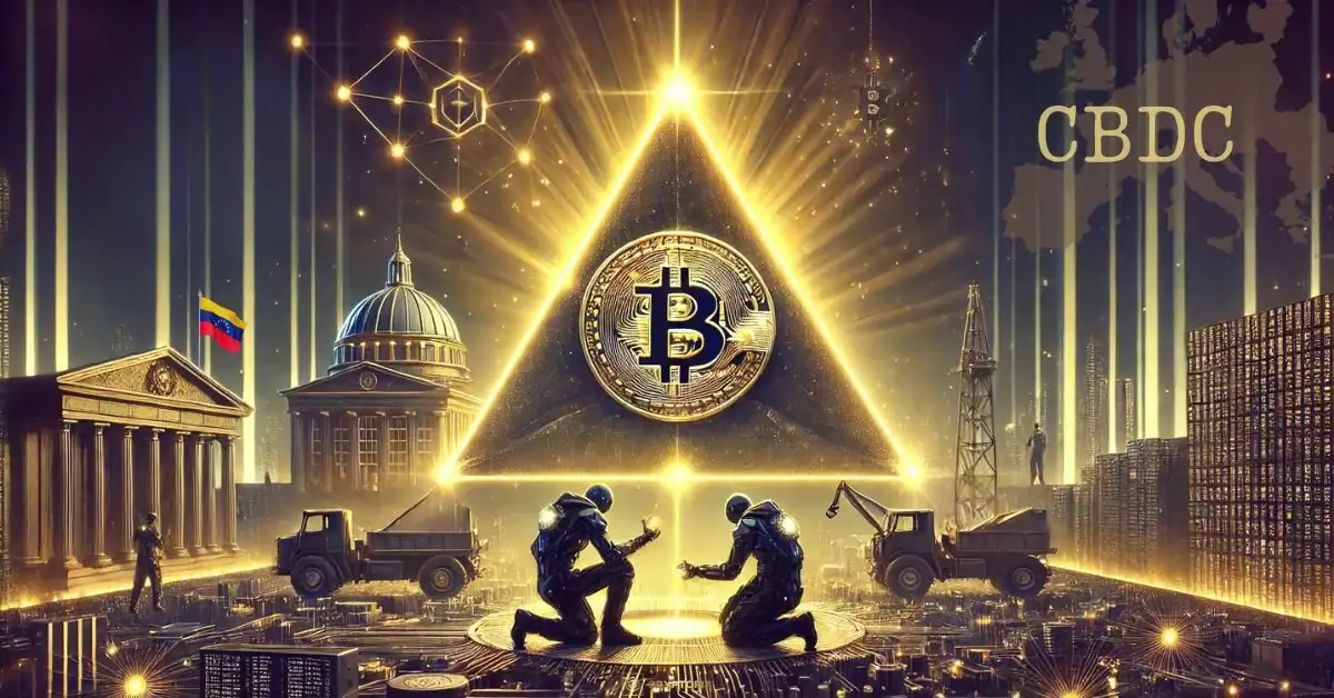 Венецуела-Приема-Биткойн_-Япония-го-Копае_-а-Европа-готви-CBDC-img Илюстрация с Биткойн в златен триъгълник, заобиколен от държавни институции, минна дейност и символи на CBDC, показваща геополитическия сблъсък между децентрализираните и централизираните пари.