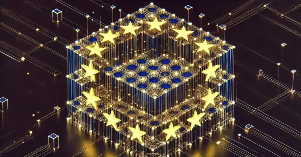 Дигитална интерпретация на знамето на Европейския съюз като блокчейн инфраструктура, символизираща проекта за дигитално евро и CBDC на ЕЦБ