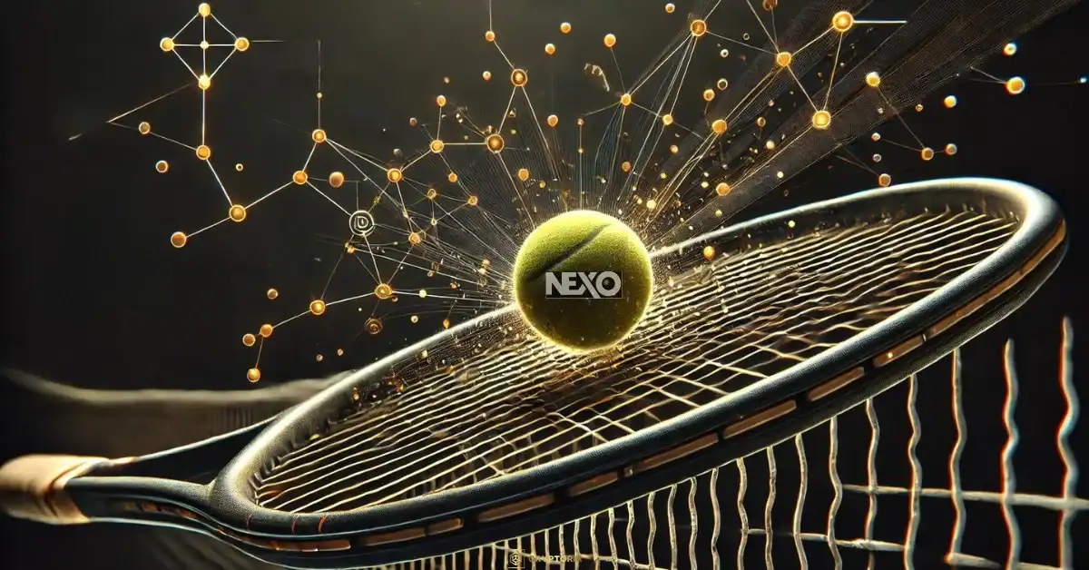 Nexo Става Крипто Партньор на Australian Open Тенис топка с логото на Nexo докосва тенис ракета, обградена от блокчейн мрежа и златни дигитални линии