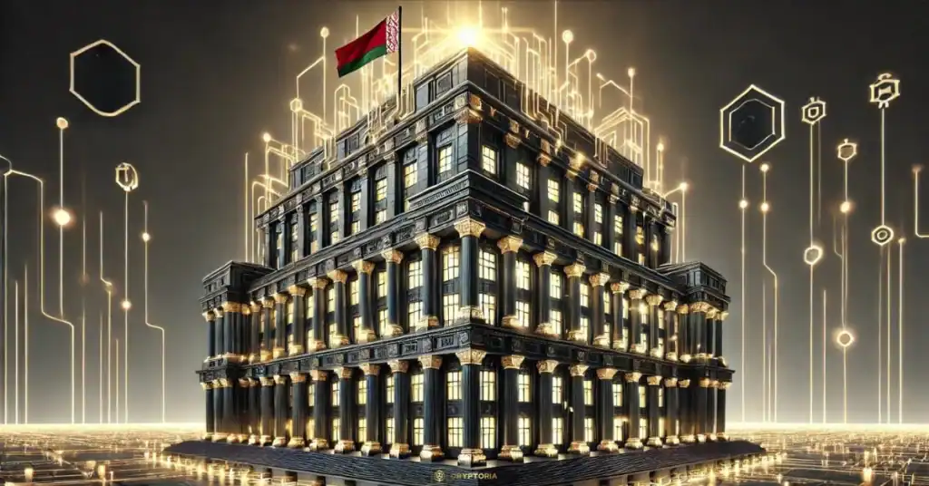 Илюстрация на банка в Беларус, символизираща интеграцията на криптовалутите в държавната финансова система.