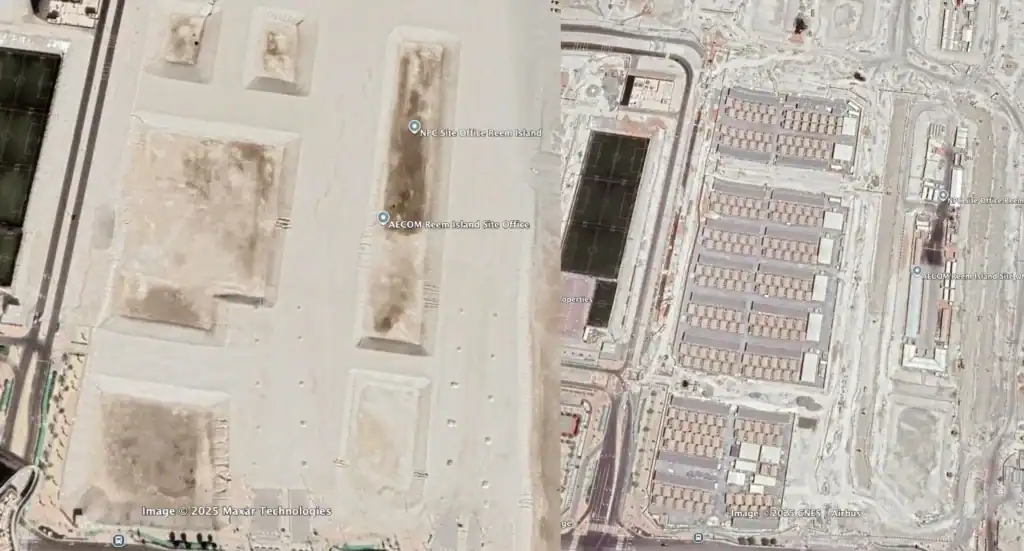 Сателитни изображения преди и след изграждането на биткойн майнинг съоръжение на Al Reem Island, Абу Даби.