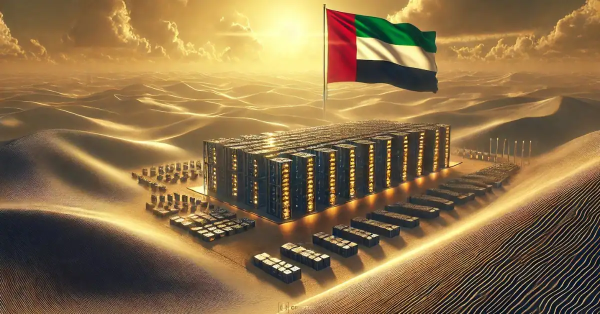 Държавен Биткойн Майнинг в ОАЕ Илюстрация на биткойн майнинг съоръжение в пустинята на ОАЕ с националното знаме.