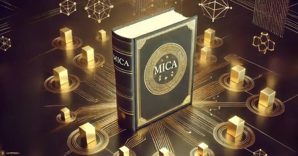 Илюстрация на регулацията MiCA като златна книга в центъра на дигитална мрежа, символизираща регулаторния контрол върху криптоактивите в ЕС.