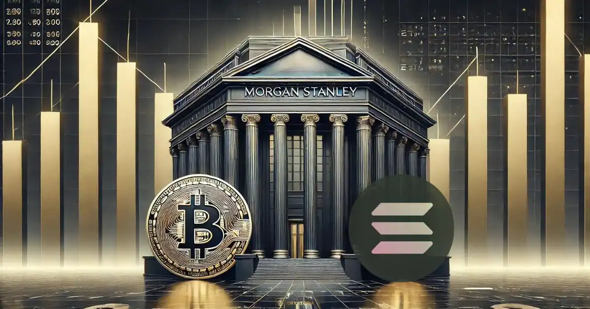 Morgan Stanley Биткойн и Солана ETF Илюстрация на централата на Morgan Stanley с символите на Bitcoin и Solana, представяща навлизането на банката в крипто ETF пазара.