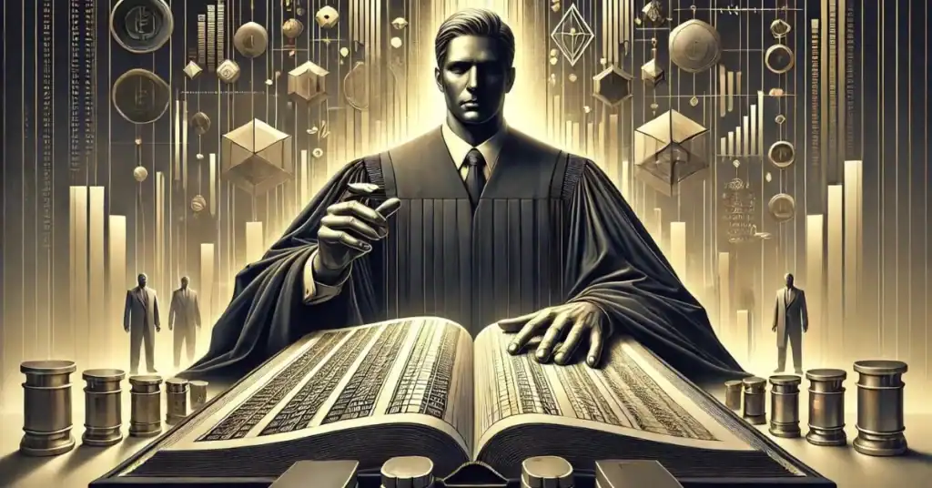 Стилизирана фигура на съдия над отворен регулаторен кодекс с крипто символи, символизираща новите правила за криптовалутите от 2026 г.