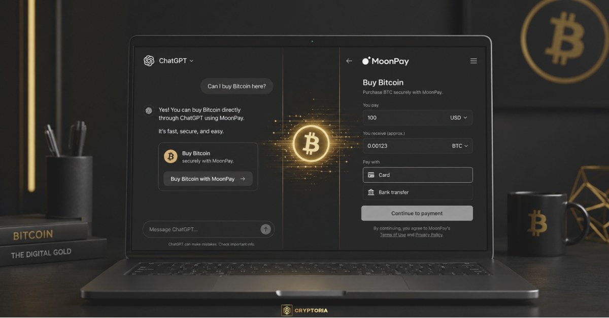 ChatGPT и MoonPay интеграция за покупка на Биткойн Интерфейс на ChatGPT и MoonPay за покупка на Биткойн
