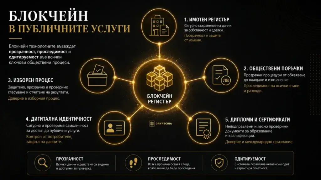 Блокчейн технология в обществените услуги с дигитални регистри, обществени поръчки, изборни процеси и цифрова идентичност.