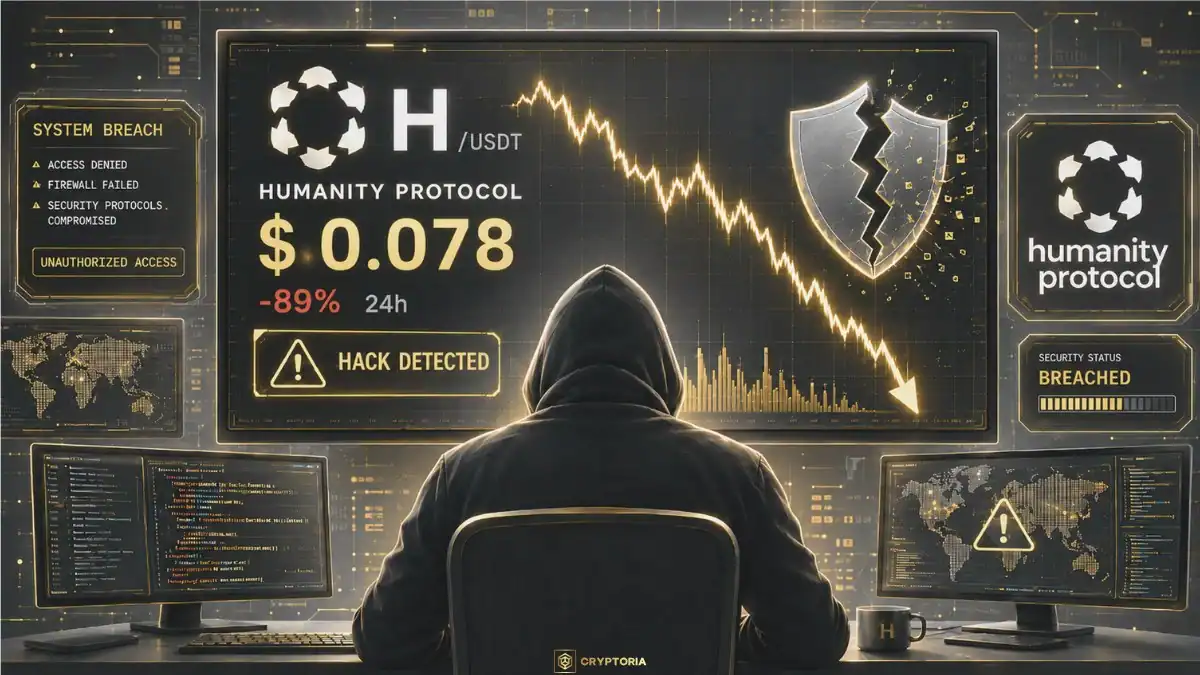 Humanity Protocol и сривът на токена H след пробива Хакер пред екрани с Humanity Protocol, токена H, спад от 89% и предупреждение за пробив в сигурността