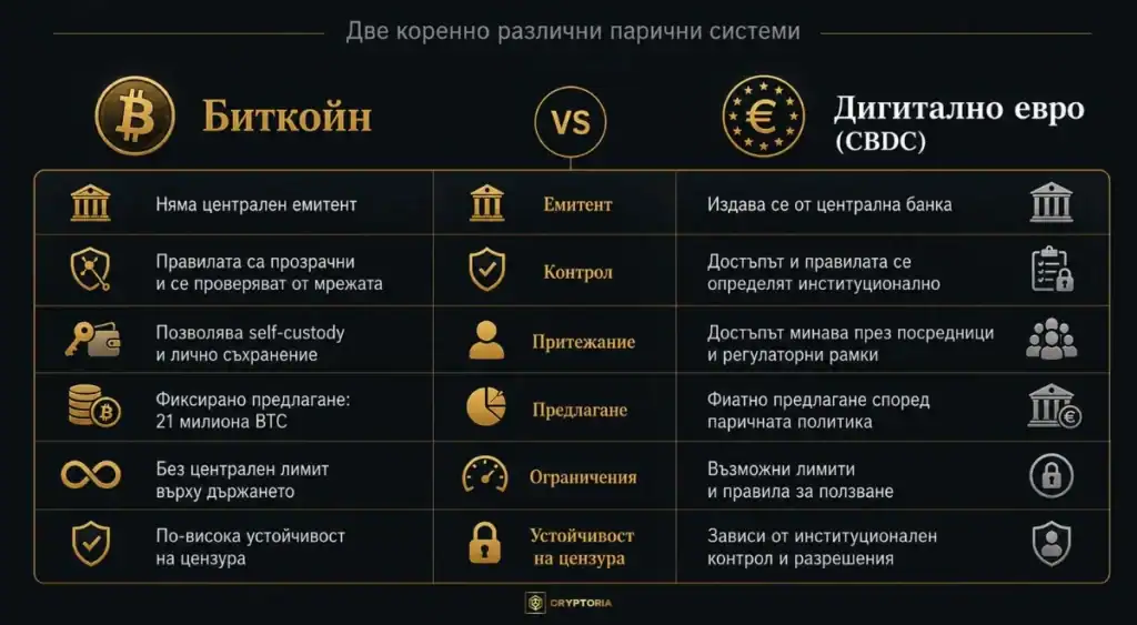 Инфографика, сравняваща Биткойн и дигиталното евро (CBDC) по емитент, контрол, притежание, предлагане, ограничения и устойчивост на цензура
