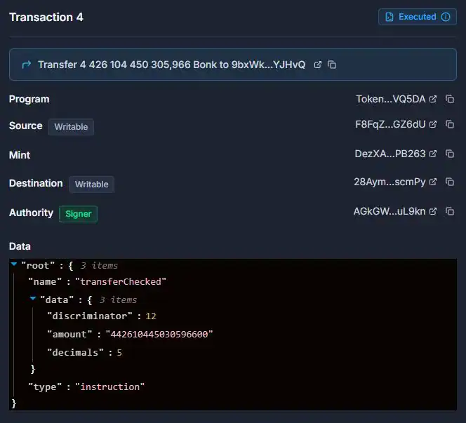 Realms Instructions показва трансфер на 4.426 трлн. BONK от BIP 76 към адреса получател