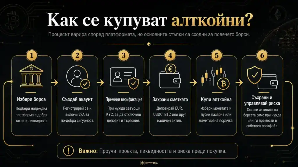 Инфографика с шест основни стъпки за покупка на алткойни през крипто борса – избор на платформа, регистрация, верификация, депозит, покупка и управление на риска