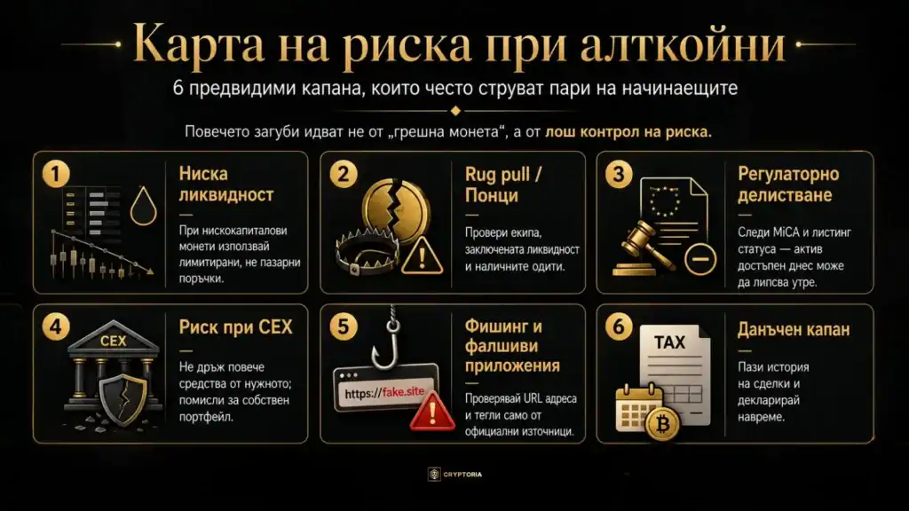 Инфографика с карта на риска при алткойни, показваща 6 основни капана за инвеститорите – ниска ликвидност, rug pull, регулаторно делистване, риск при централизирани борси, фишинг и данъчни грешки