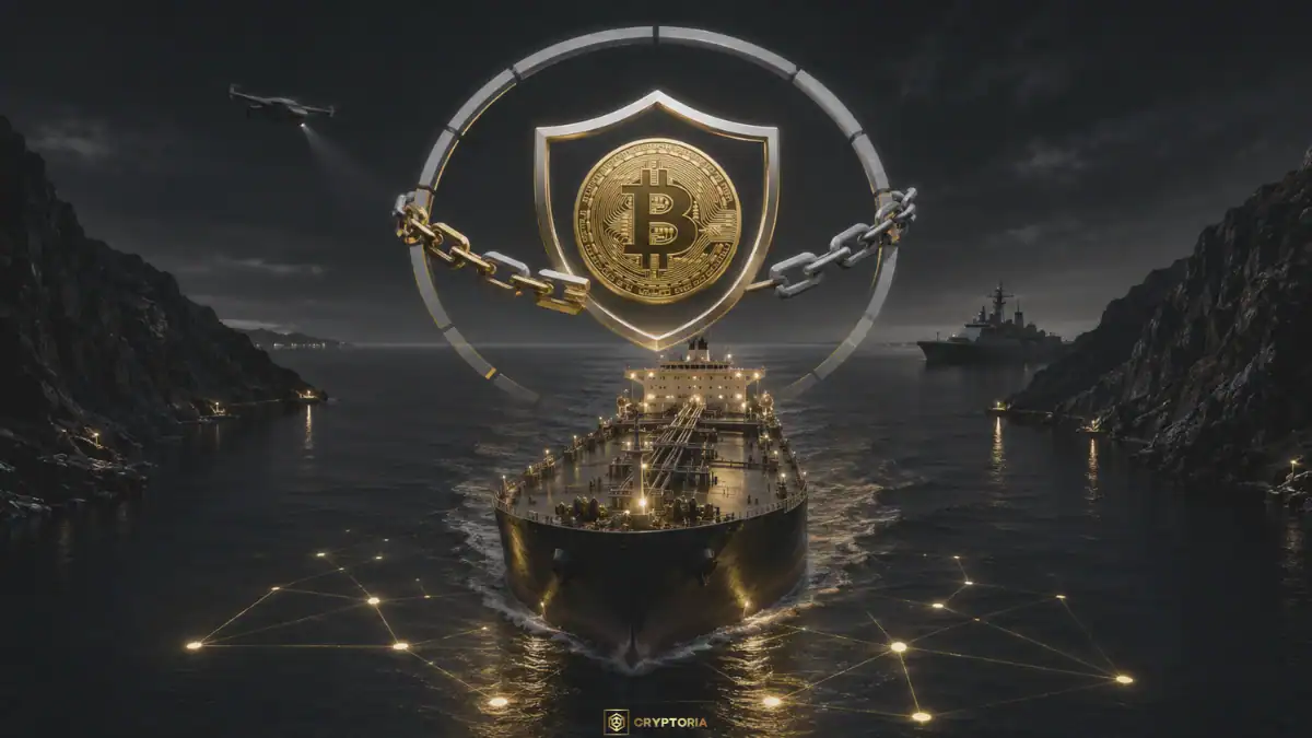 Hormuz Safe и Биткойн плащанията под санкции Танкер в Ормузкия проток под санкционна верига и щит с Биткойн, представящ Hormuz Safe