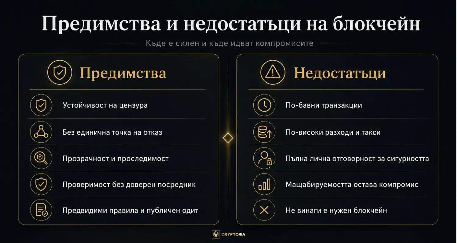 Инфографика за силните страни и ограниченията на блокчейн, включително устойчивост на цензура, прозрачност, такси, мащабируемост и лична отговорност