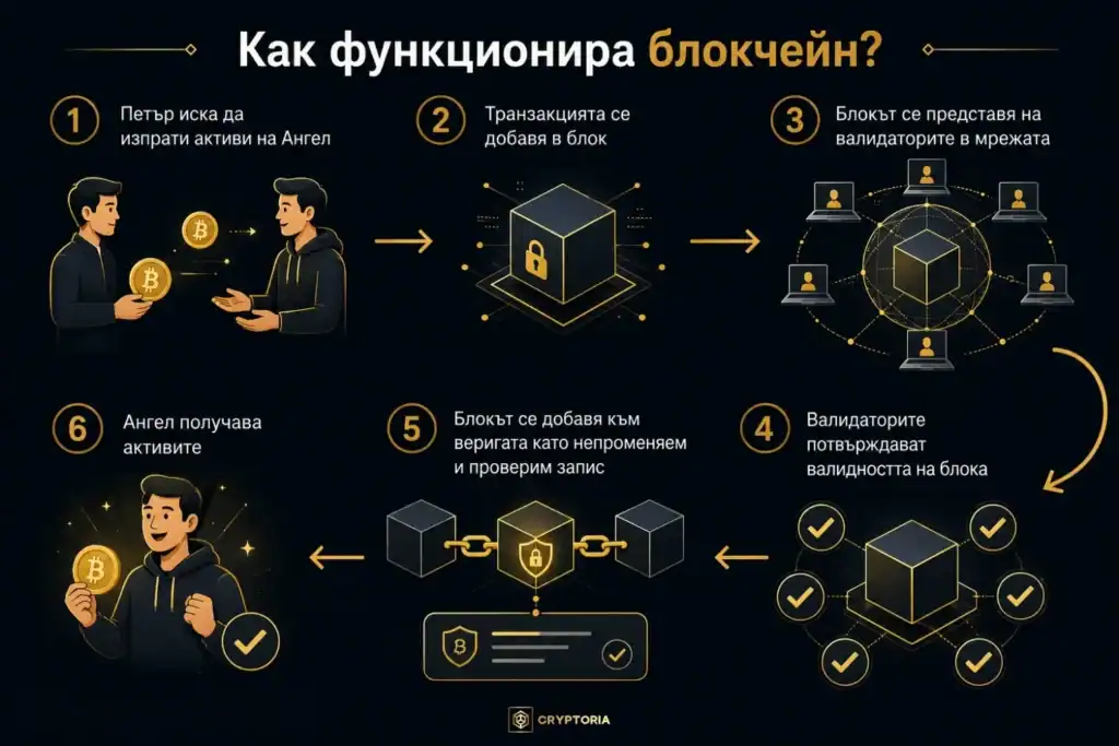 Схема в 6 стъпки, показваща как се потвърждава блокчейн трансакция в мрежата