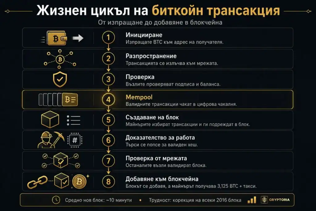 Инфографика на жизнения цикъл на биткойн трансакция – от иницииране и mempool до създаване на блок и добавяне към блокчейна