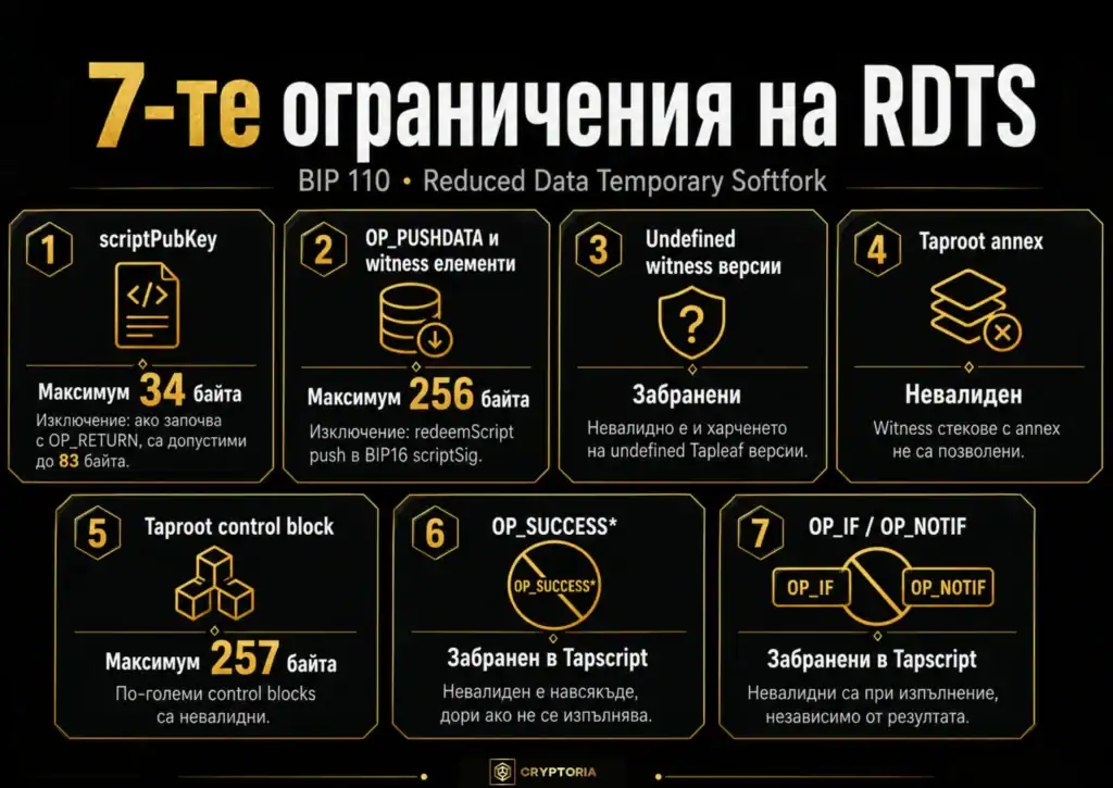 Инфографика със 7-те ограничения на RDTS в BIP-110 за scriptPubKey, OP_PUSHDATA, witness, Taproot и Tapscript.