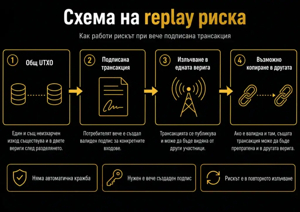 Схема на replay риска при BIP-110: общ UTXO, подписана трансакция, излъчване в едната верига и възможно копиране в другата.