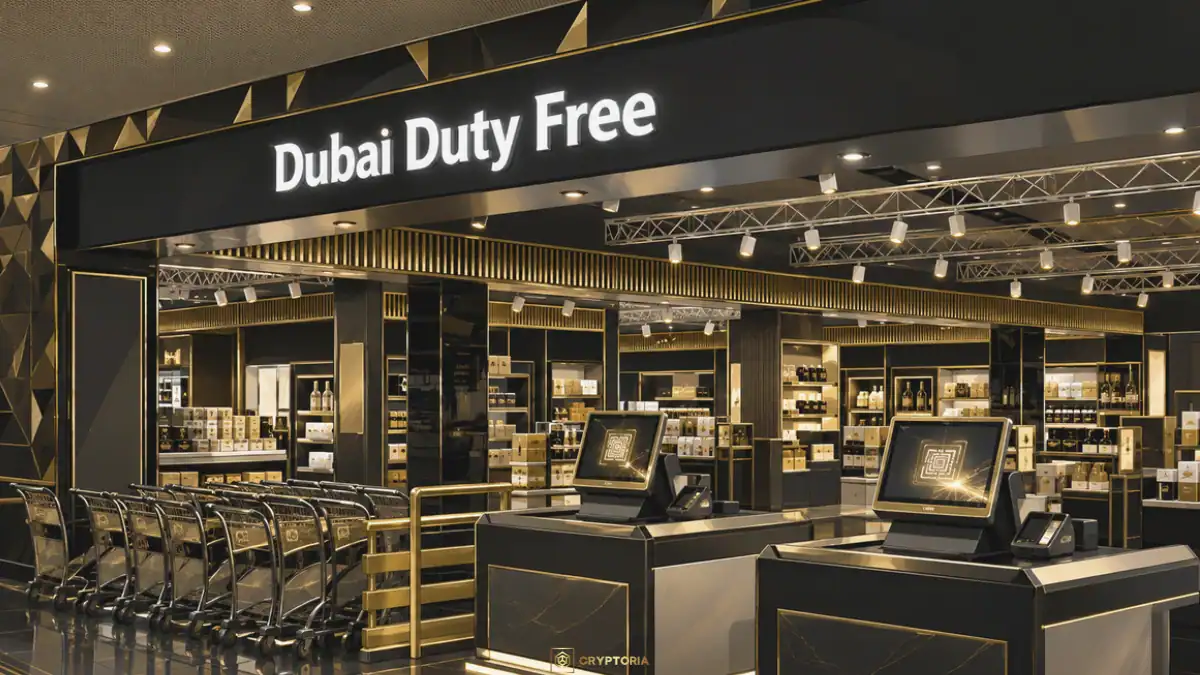 Dubai Duty Free в стилизирана черно-златиста сцена с каси и дигитални платежни терминали.