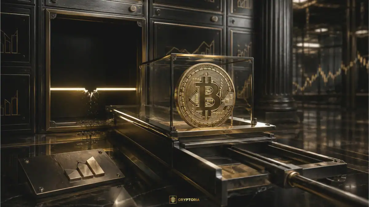 Hashdex закрива своя спот Биткойн ETF Златиста Биткойн монета се изтегля от борсов ETF модул, символизирайки закриването на фонда на Hashdex.