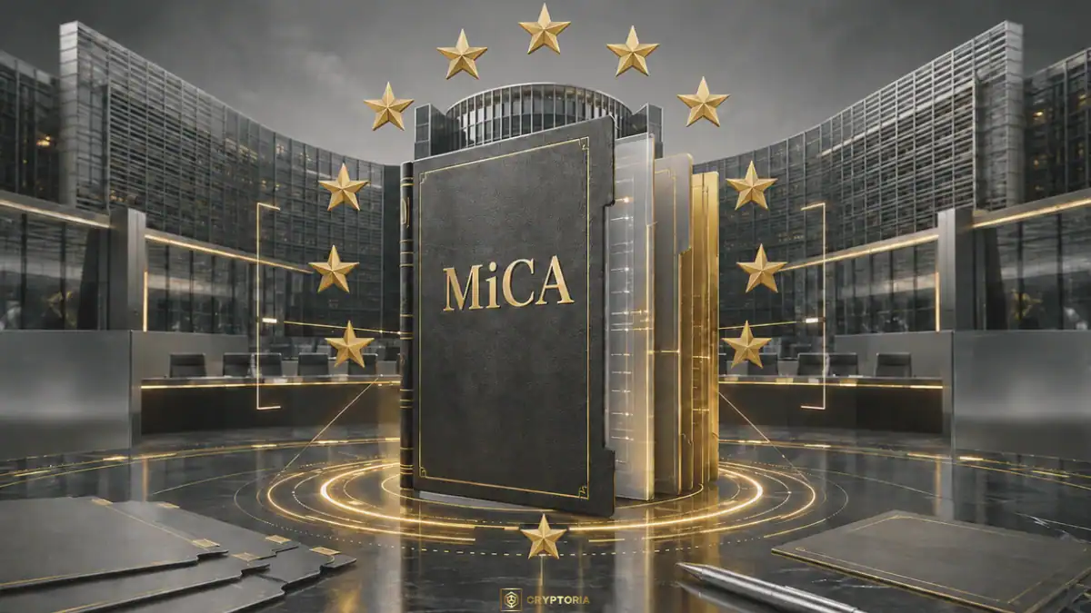 Преглед на MiCA от Европейската комисия Стилизиран документ MiCA пред сградата на Европейската комисия, обграден от 12 златни звезди.