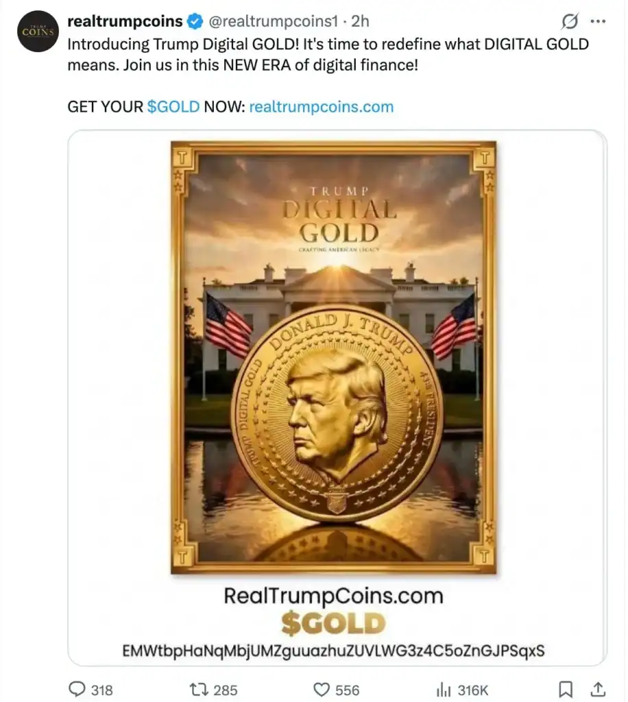 Публикация на @realtrumpcoins1, промотираща токена Trump Digital Gold (GOLD) и сайта RealTrumpCoins.com
