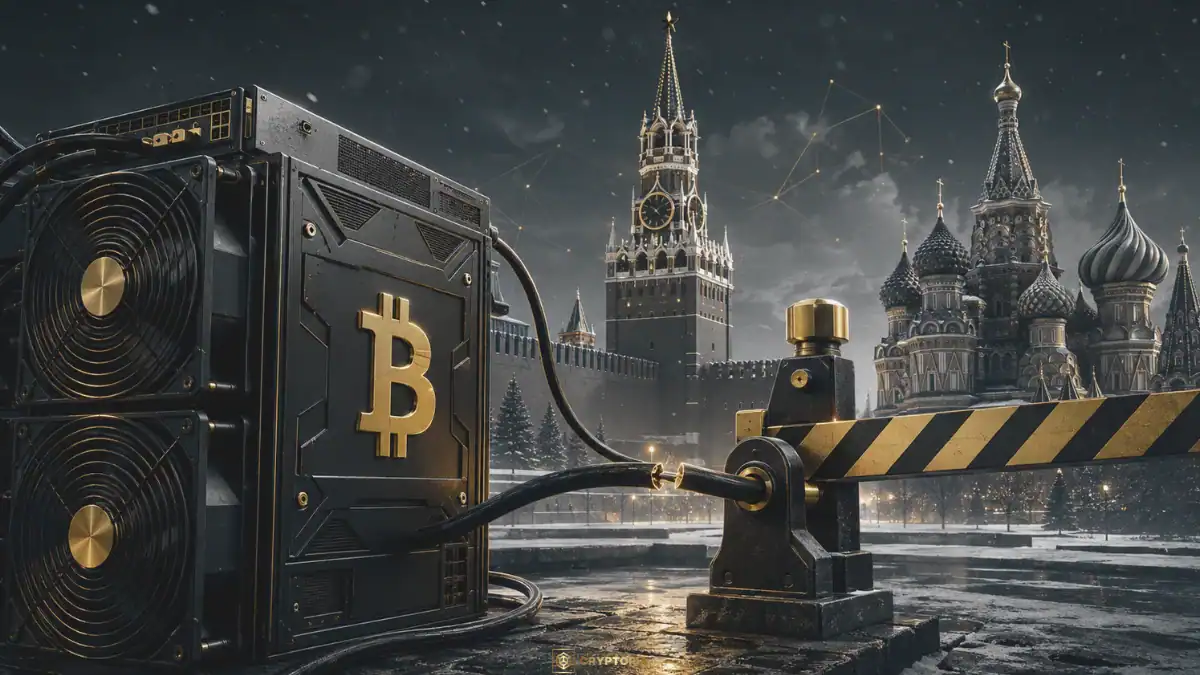 Русия ограничава Биткойн майнинга в Москва ASIC устройство пред Кремъл с прекъснато захранване, символизиращо забраната за майнинг в Москва