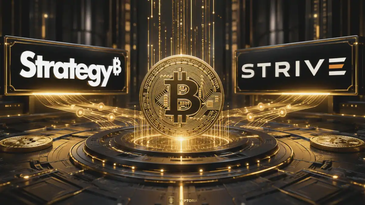 Strategy и Strive купуват общо 6 403 BTC Логата на Strategy и Strive около златен Биткойн, символизиращ покупките на общо 6 403 BTC