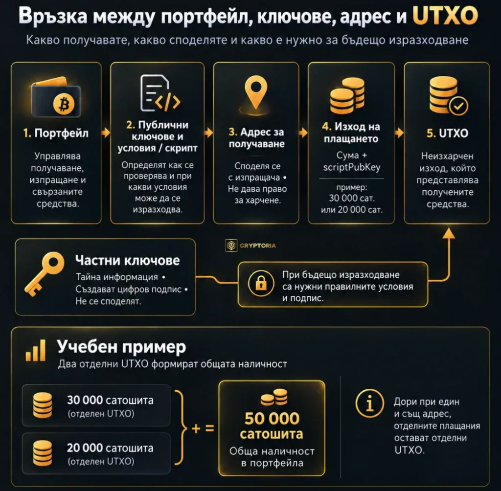 Връзка между Биткойн портфейл, ключове и условия, адрес за получаване и неизхарчени изходи