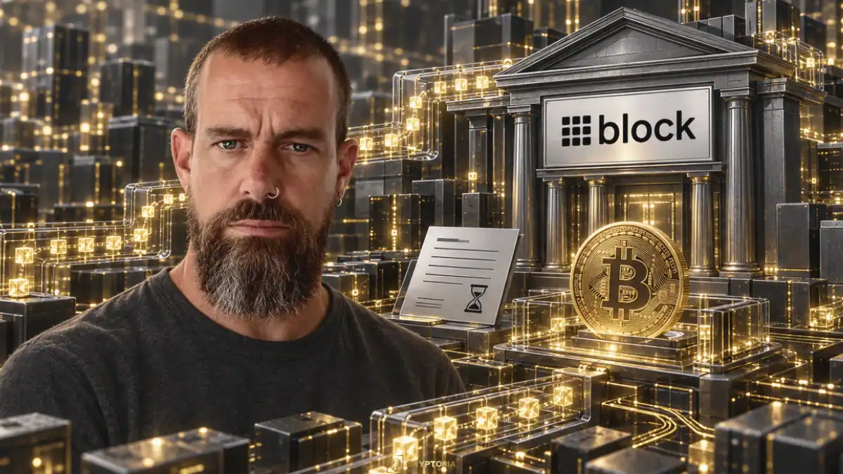 Джак Дорси до банкова фасада с логото на Block, Биткойн монета и символично заявление с пясъчен часовник.