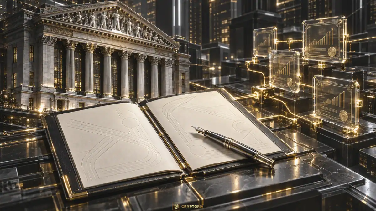Blockchain.com и NYSE — меморандум за токенизирани акции Отворен меморандум с писалка пред сградата на NYSE и стъклени сертификати, символизиращи токенизирани акции.