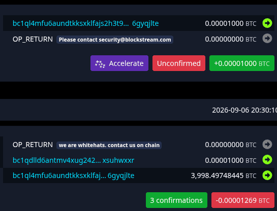 Съобщение с текст „Please contact security@blockstream.com“, приканващо към контакт с екипа по сигурността на Blockstream.