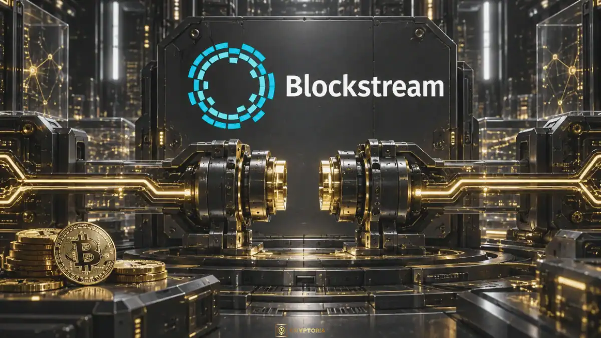 Логото на Blockstream над разделен златист механизъм, с Биткойн монети на преден план.
