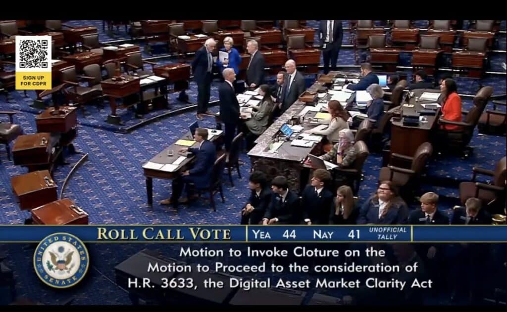 Кадър от гласуването за CLARITY Act в Сената с междинен неофициален резултат 44 срещу 41 гласа
