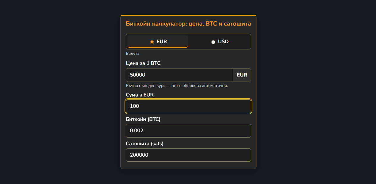 Bitcoin/Sats Converter за WordPress с тъмен дизайн
