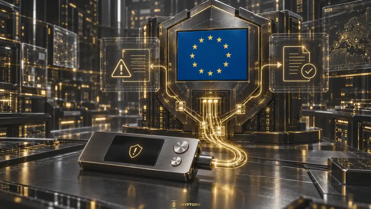 Cyber Resilience Act и докладването на киберинциденти Хардуерен портфейл пред метален щит със знамето на ЕС и златисти линии за предаване на сигнали.